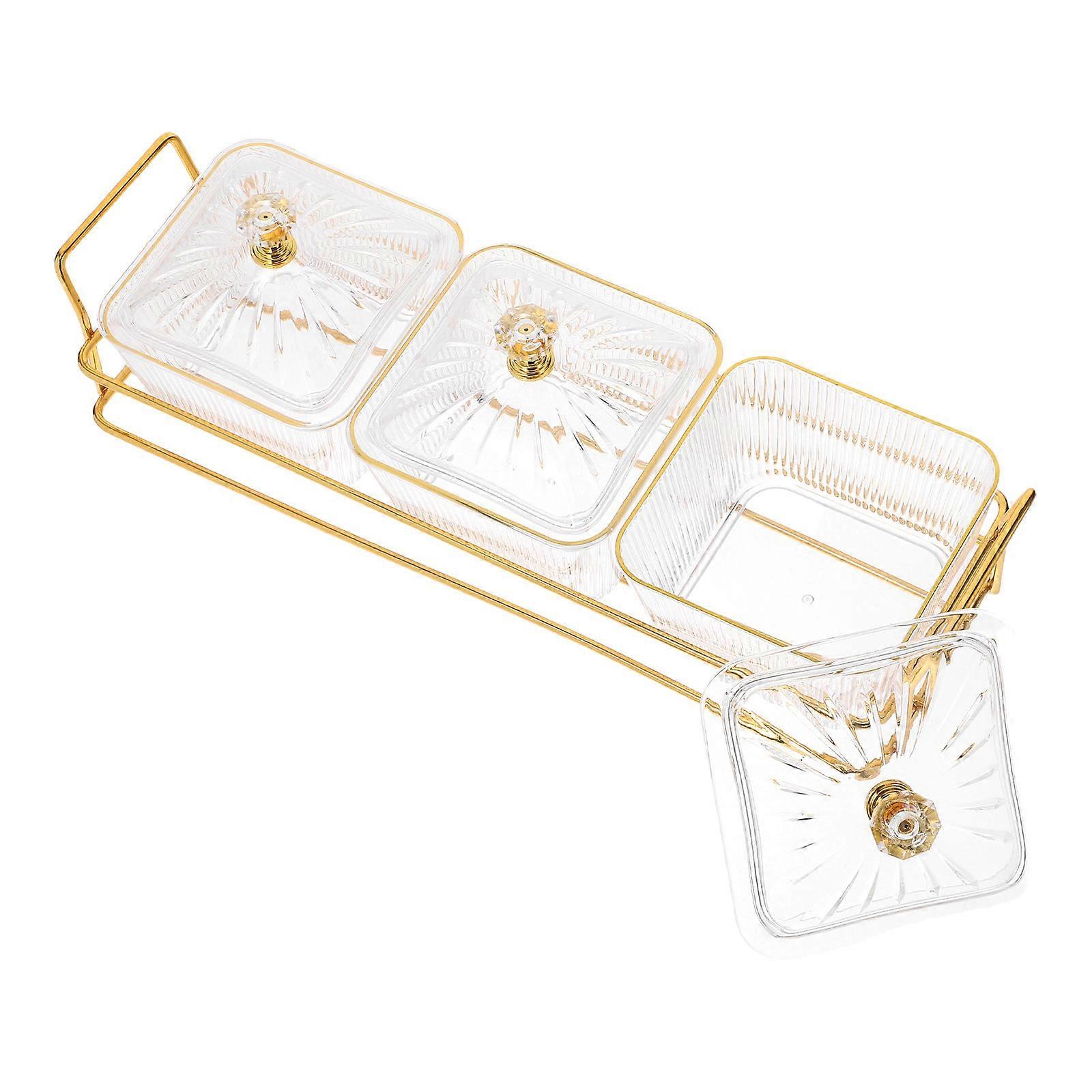 Serving Bowl with Lid and Gold Metal Rack, Removable Snack Trays for Appetizers, Nuts, Fruits, Candy, and Condiments, Space Saving Kitchen Storage