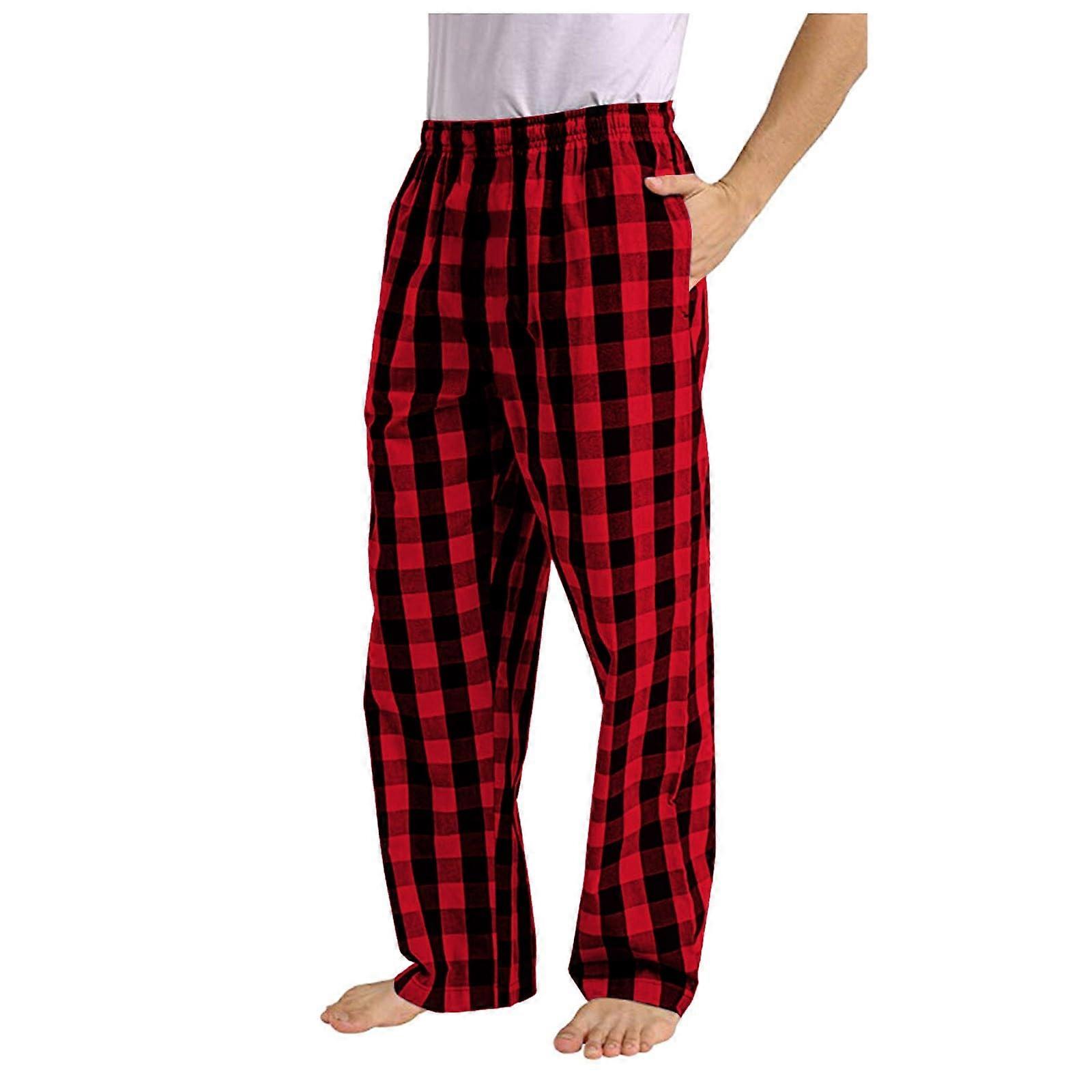 Checked Pyjama Bottoms, Men's Flannel Casual Trousers with Pockets