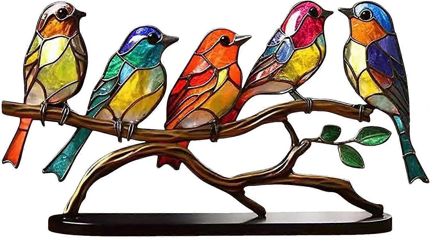 Stained Glass Birds On Branch Desktop Ornaments Double-Sided Multicolored Metal Frame Desktop Decor Set Of 5