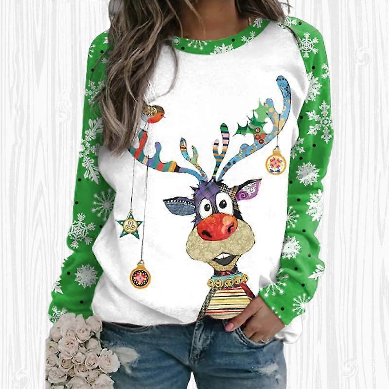 Kvinner Høst Topper Løs Katt Jul Hjort Print Kausal Langermet T-skjorte Topp Bluse