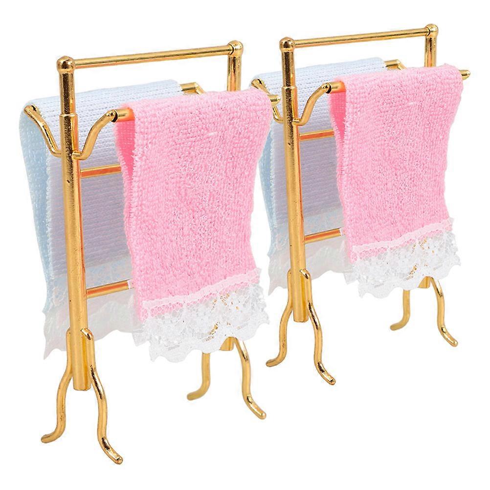 Miniature Towel Rack Set for Dollhouse Realistic Metal and Cloth Bathroom Scene Prop Assorted Color 2 Sets