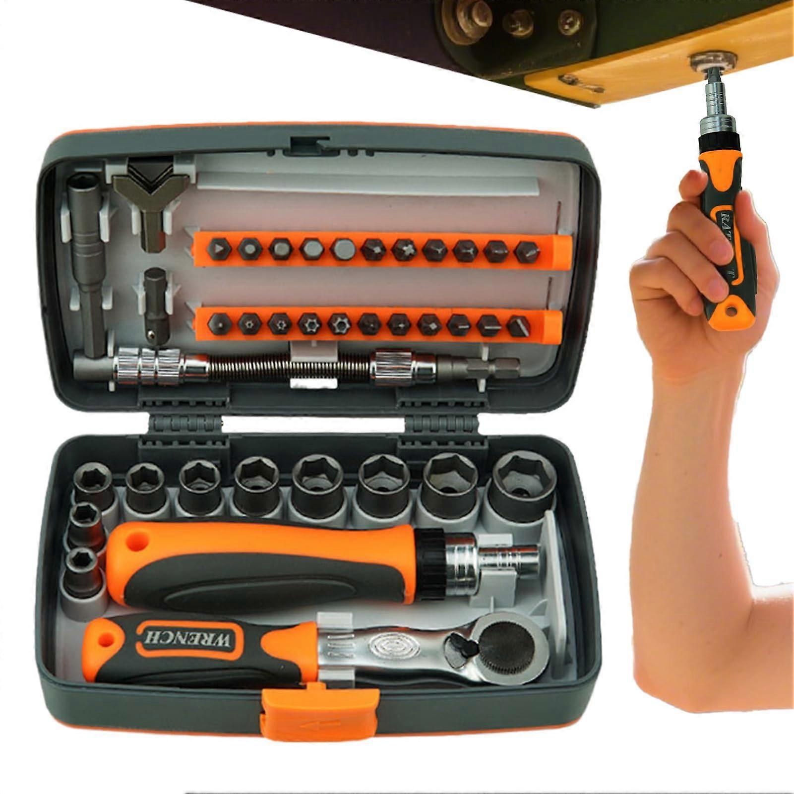 Ratchet Screwdriver Set 38 in 1 | Precision Magnetic Tool with 10 Sockets, 22 Bits, and Non-Slip Extension for Woodworking, Automotive, and Motorcycle