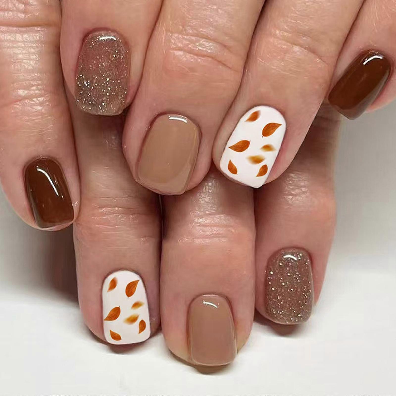 Press On Tips Brown Tone Leaf Designs Fake Nail Easy DIY Application Reusable Artificial Tips For Quick Nail Style Multicolor