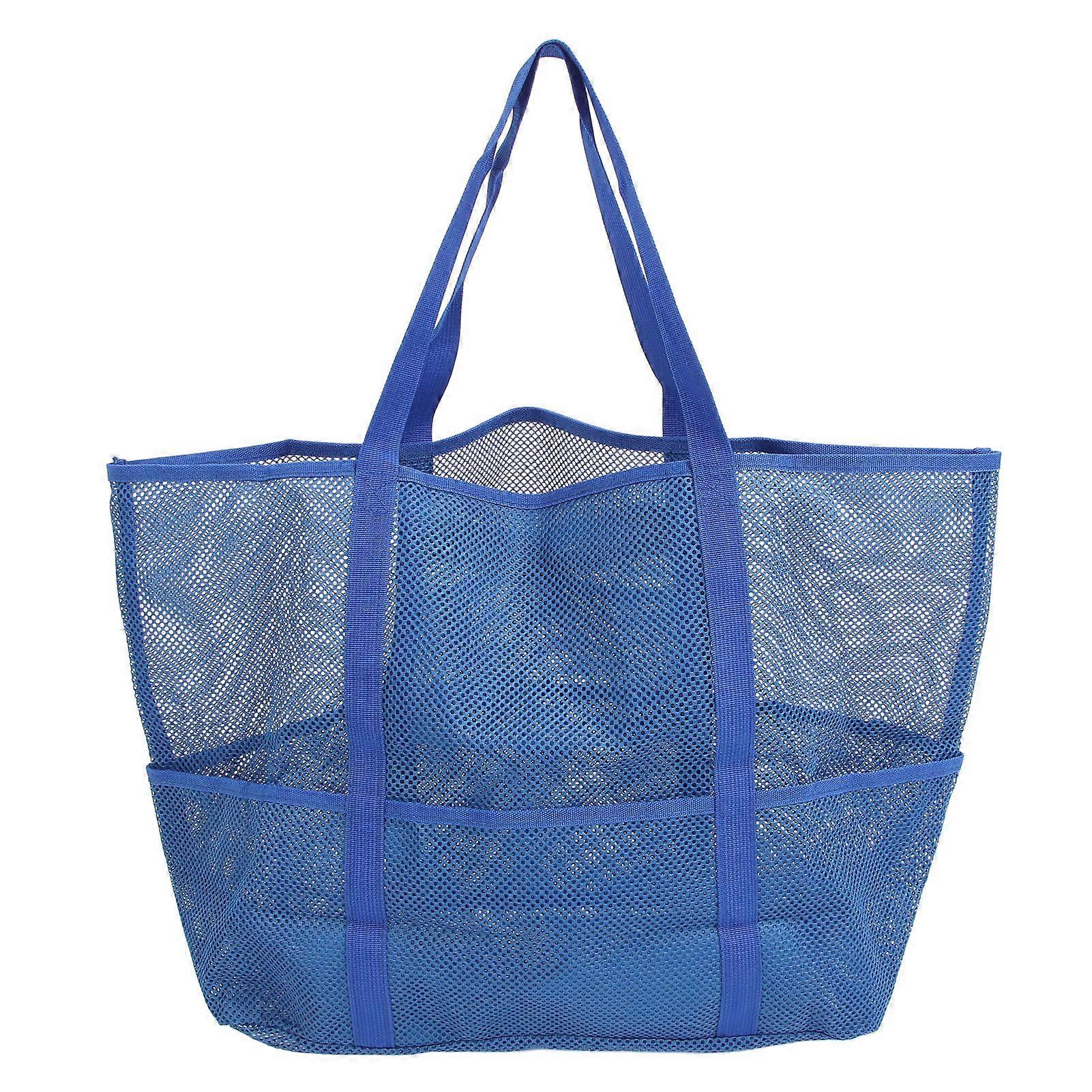 Mesh Beach Bag with 8 Pockets Waterproof Large Capacity Portable Handle Mesh Pool Bag for Vacation Swimming Blue