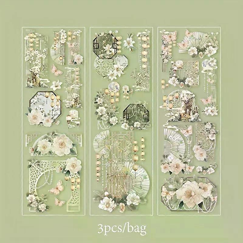 3 Sheets/Bag Of Classical Flower Hot Stamping PET Stickers Chinese Style Creative Diary Notebook Stickers DIY Collage Decoration