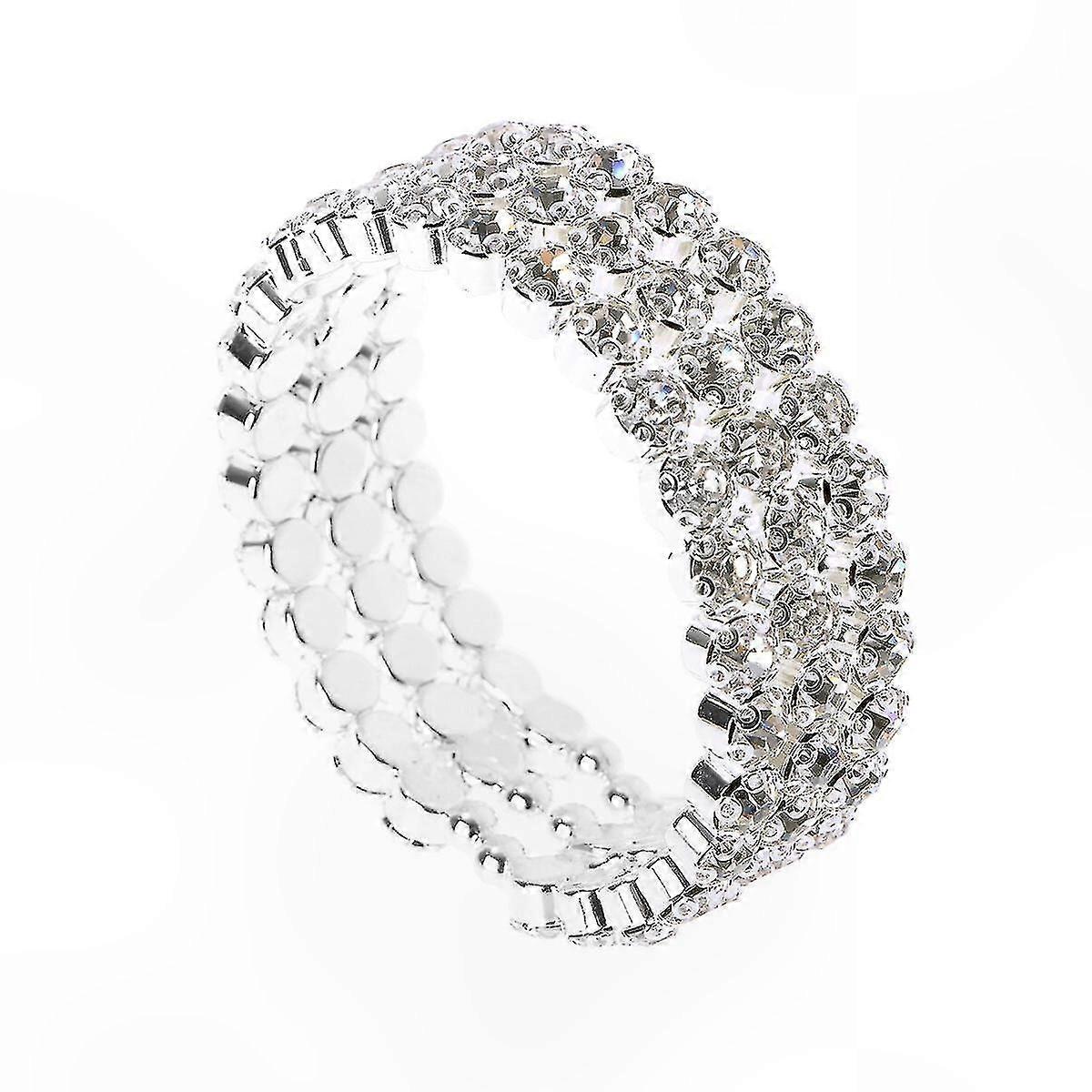 Three Layer Open Cuff Bangle with Rhinestone Accents (Silver Tone)
