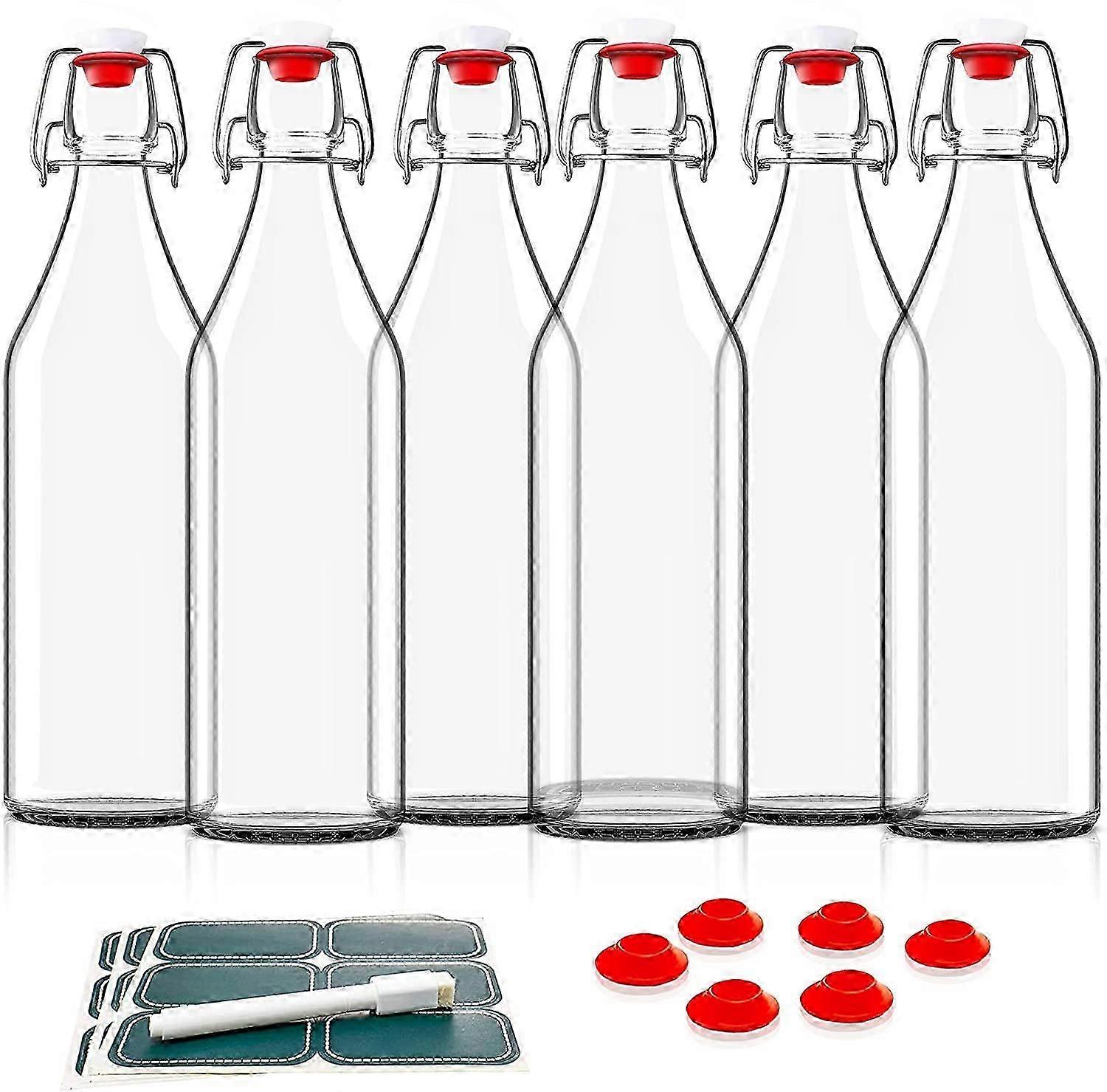 Swing Top Glass Bottles- Set of 6, 16oz w/ Marker & Labels - Clear Bottle with Caps for Juice, Water, Kombucha Wine Beer-2025