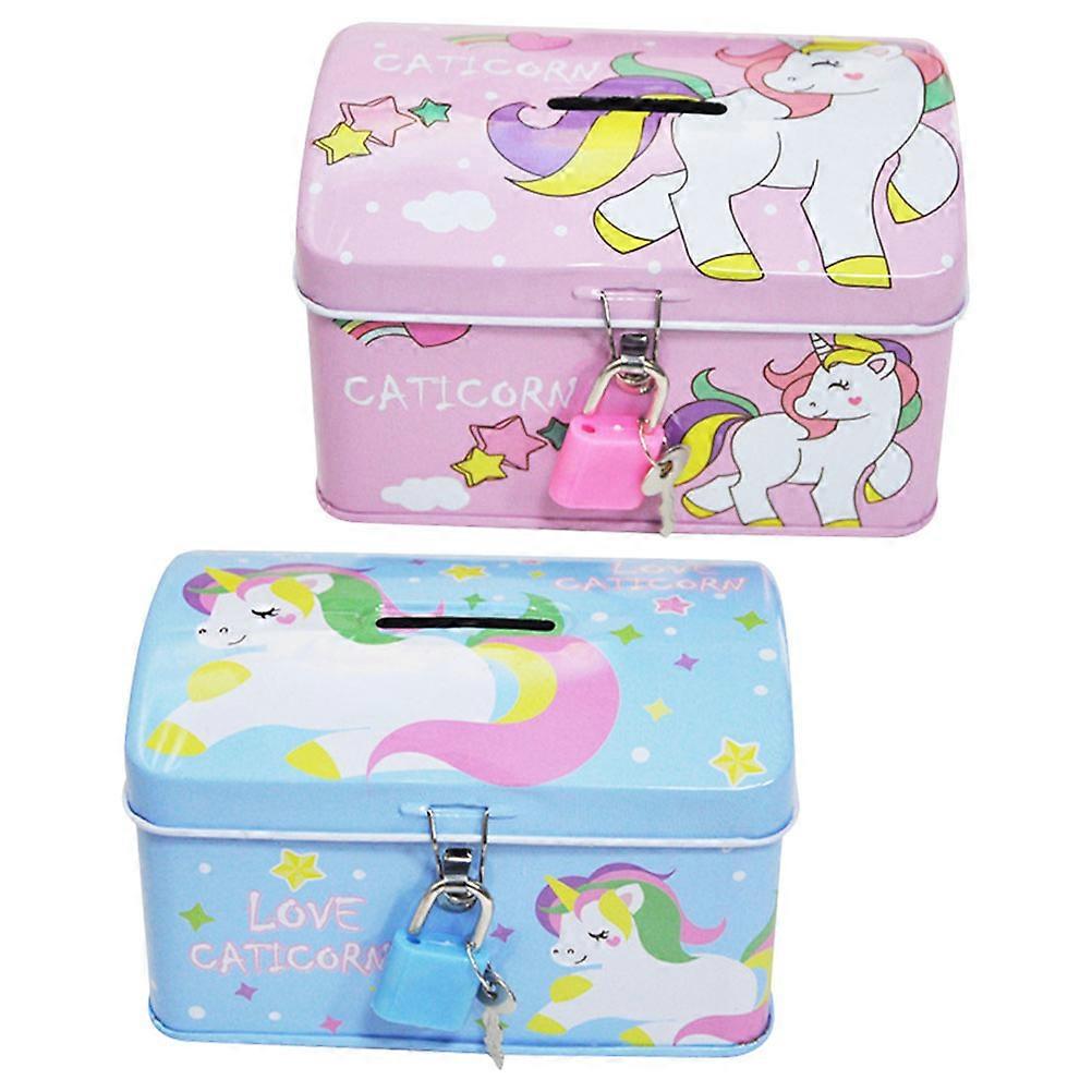 Mini Atm Piggy Bank Unicorn Style for Girls Blue Color Rounded Corners Money Saving 13X8X7.7CM 2Pcs