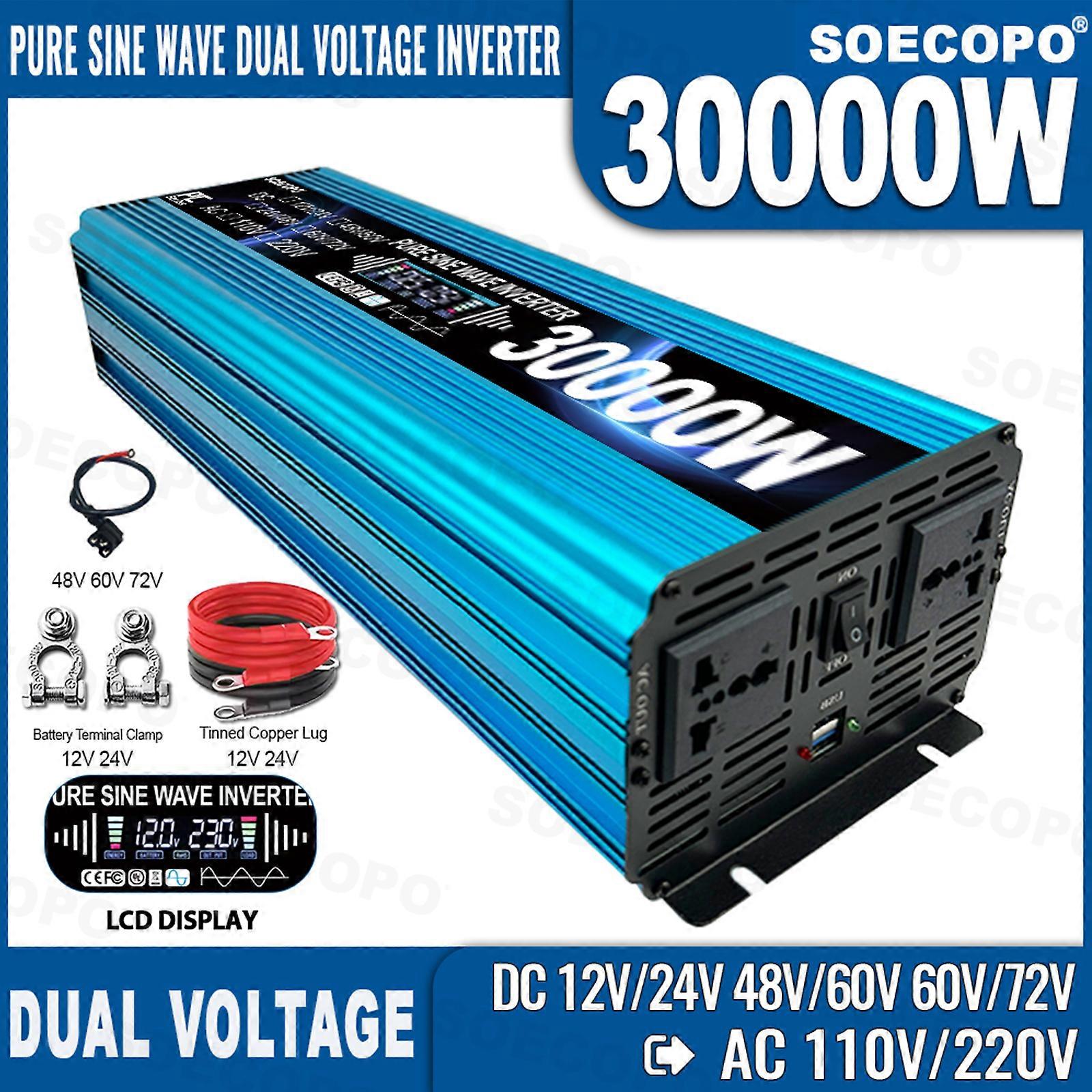 30000W All-Round Pure Sine Wave Inverter – DC 12V/24V/48V/60V/72V to AC 110V/220V 2 Sockets Multiple Wiring Protection for Home Outdoor