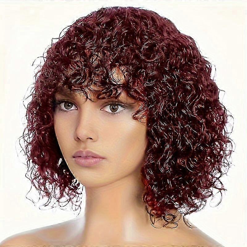Elegant Jerry Curl Shoulder Length Wig 12" with Flat Bangs, High-Temp Fiber, Comfortable Rose Net Cap, Alluring Style - Synthetic 25-26