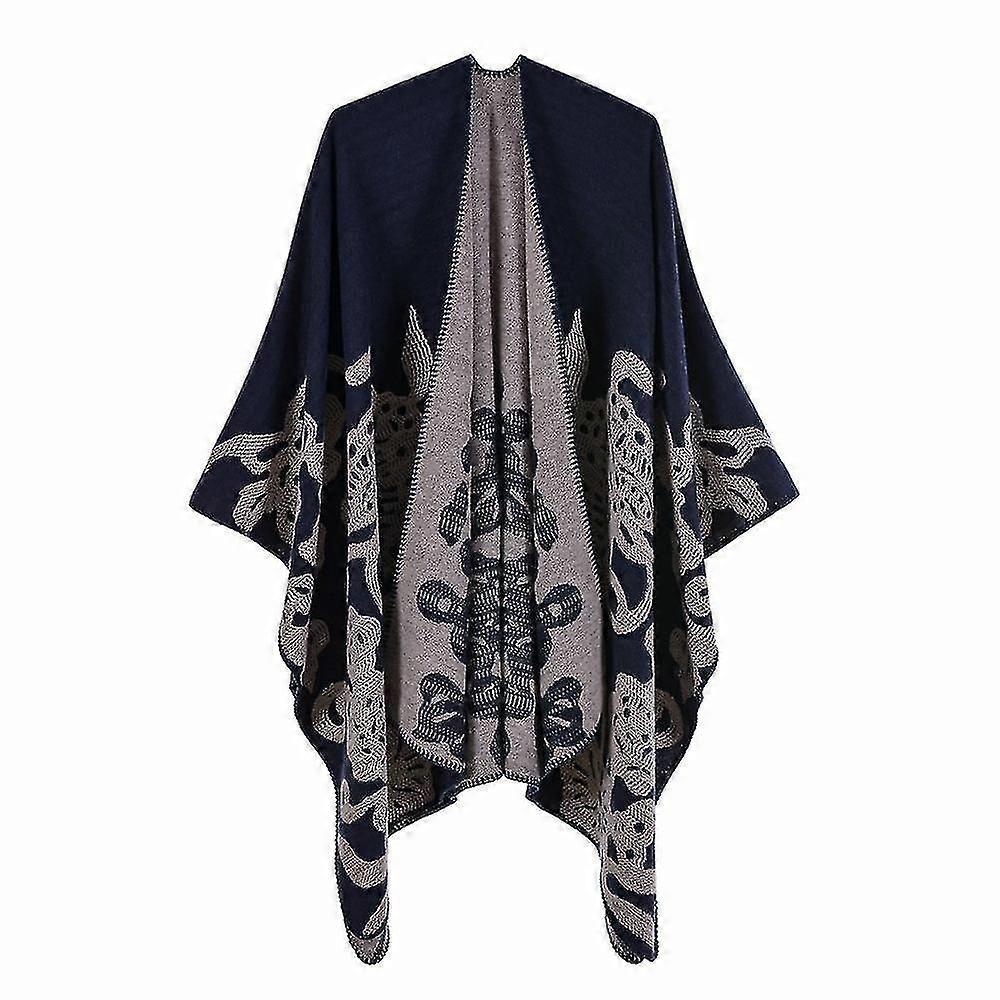 (Blue)Women's Color Block Shawl Wrap Open Front Poncho Cape