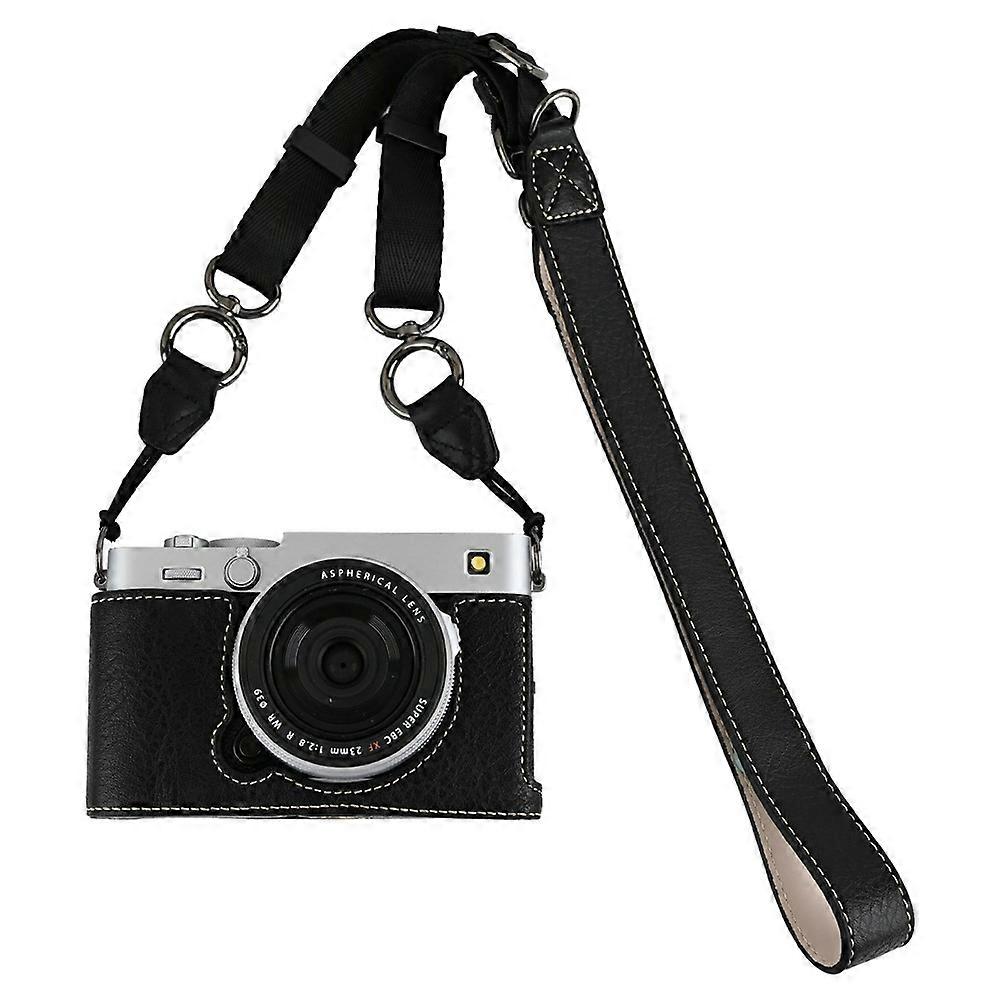 Compatible For Fujifilm X-E5 Camera Half Case Battery Opening Litchi Texture Leather Bottom Cover with Lens Cap and Shoulder Strap
