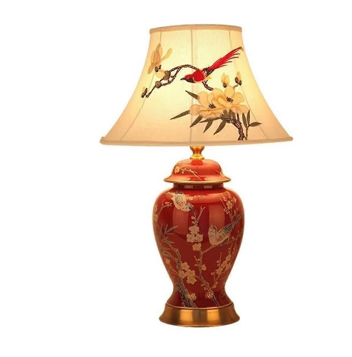 Desk Lamps For Reading Vintage Ceramic Table Lamp Red Hand Painted Floral, Push Button Switch, 33 x 54 cm