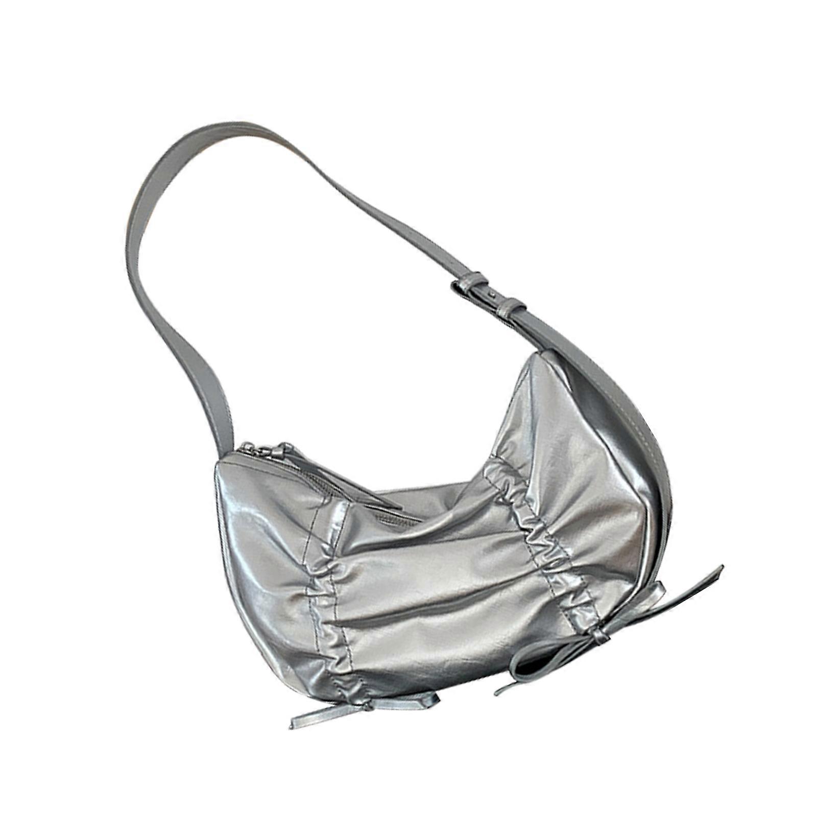 תיק בית שחי מתוק מתוק אופנתי תיק כתף קפלים עור PU לנשים צבע אחיד ארנק בית השחי תיק יד קטן כסף