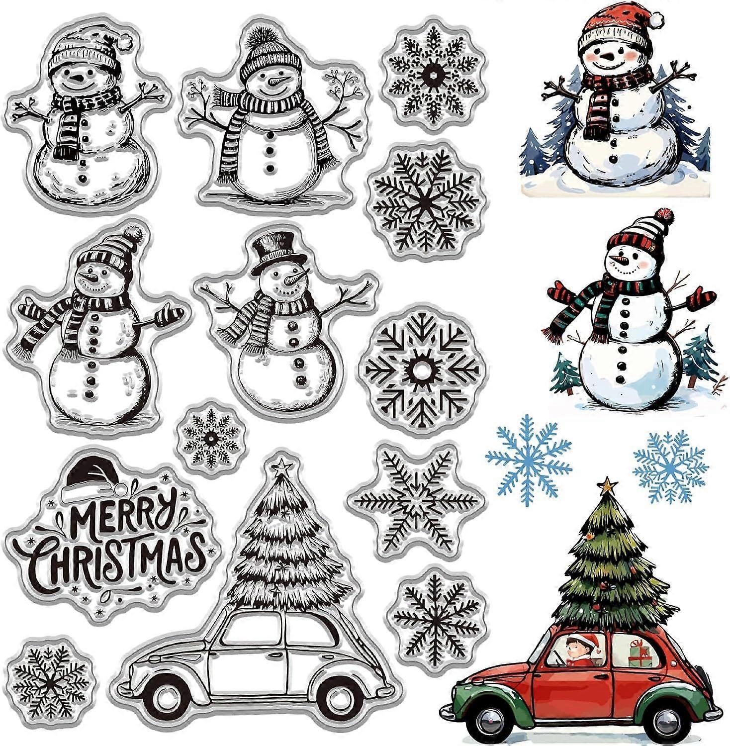 Merry Christmas Snowman Clear Stamp for Card Making Winter Tree Car Snowflake Rubber Silicone Reusable Transparent Seal for Journaling DIY Scrapbookin
