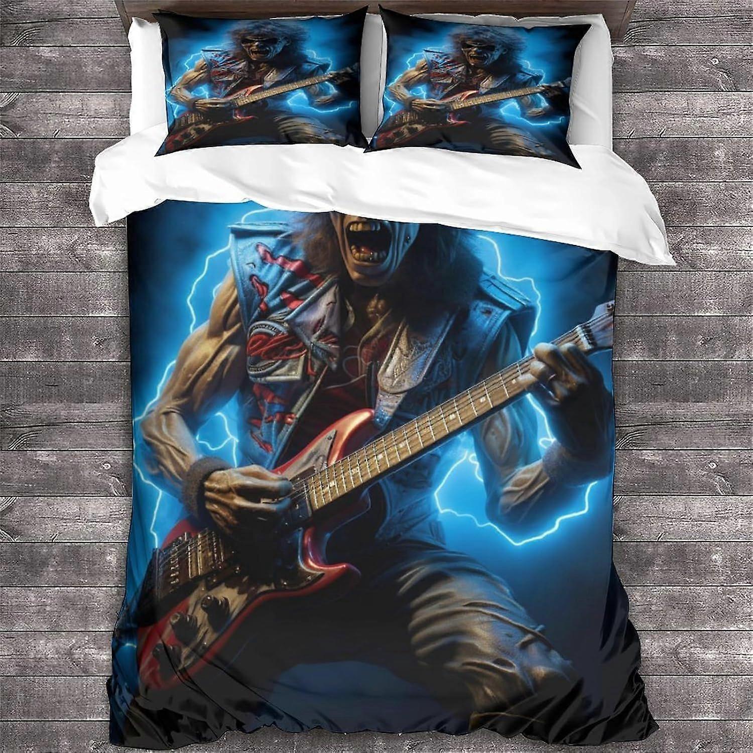 Conjunto de capa de edredom Rock 'n' Roll de 3 peças com estampa 3D de caveira e guitarra heavy metal, com fechamento em zíper, em microfibra.