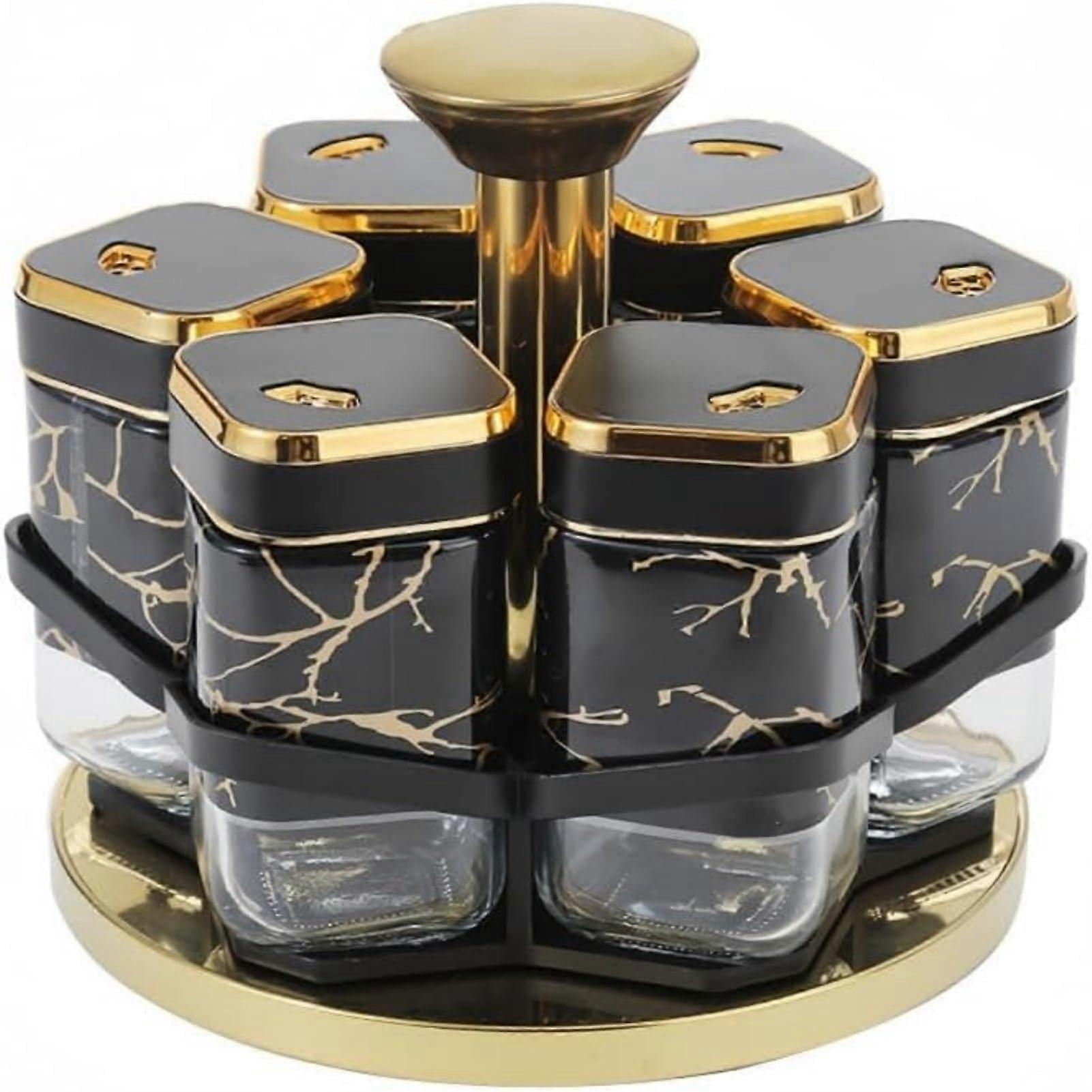 Spice Rack Organizer 360° Rotating with 6 Glass Jars for Kitchen Countertop Storage Black Gold