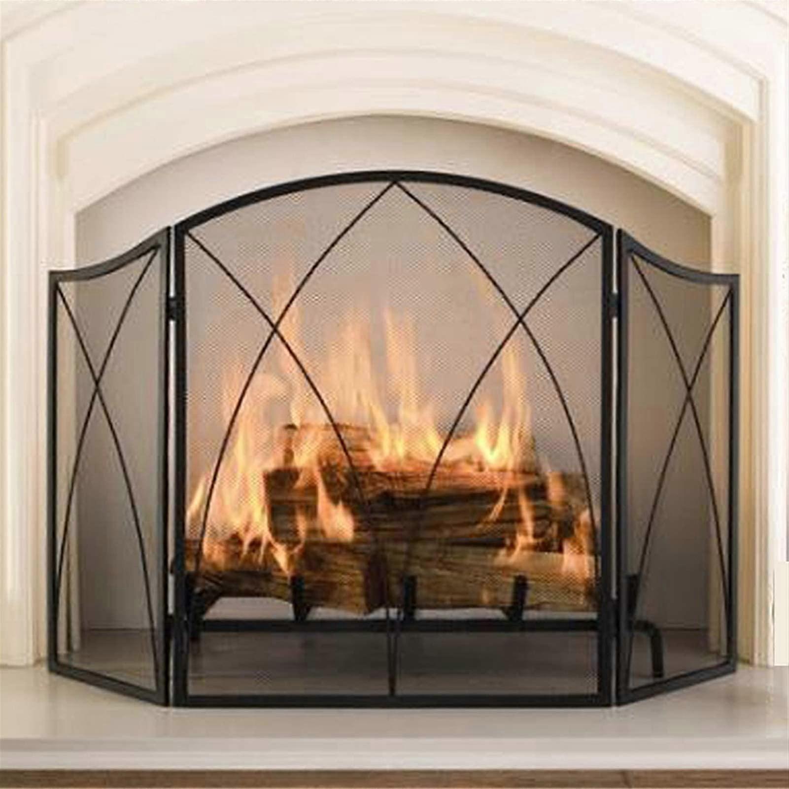 Wrought Iron 3 Panel Fireplace Screen with Decorative Mesh Spark Guard for Child and Pet Safety