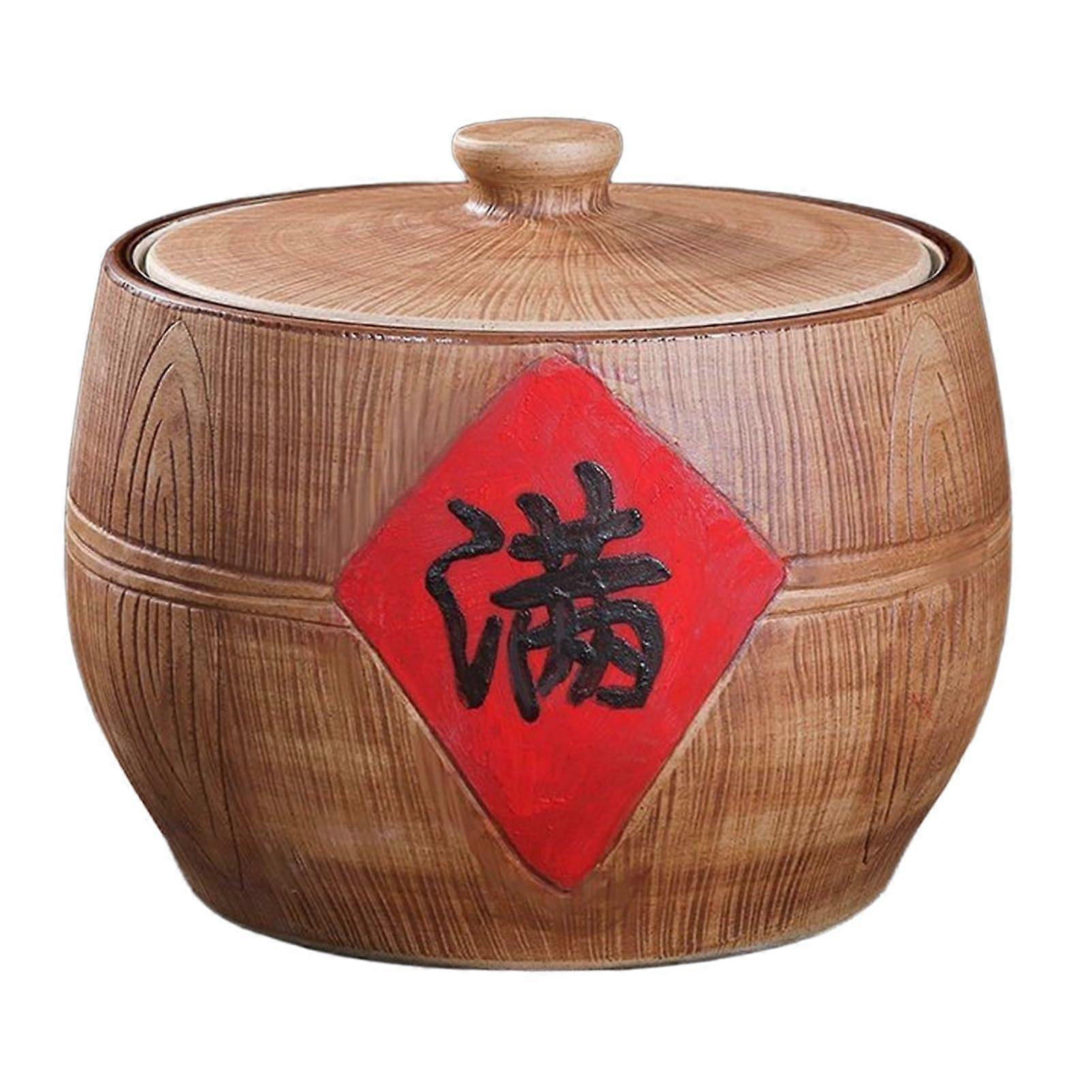 Large Ceramic Rice Storage Container with Lid, MoistureProof Chinese Jar, Brown 20x18cm