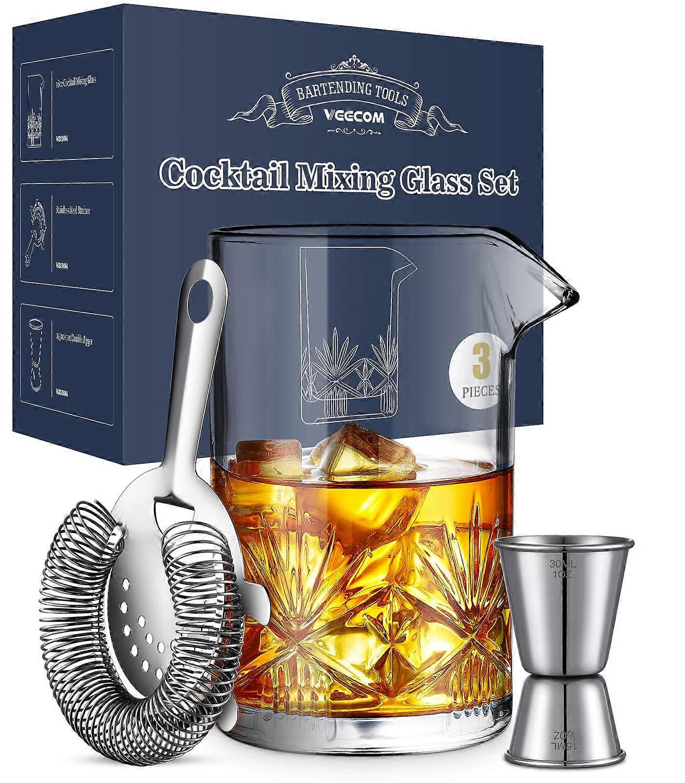 18oz Crystal Cocktail Mixing Glass Set with Strainer and Jigger, 3 Piece Bartender Kit
