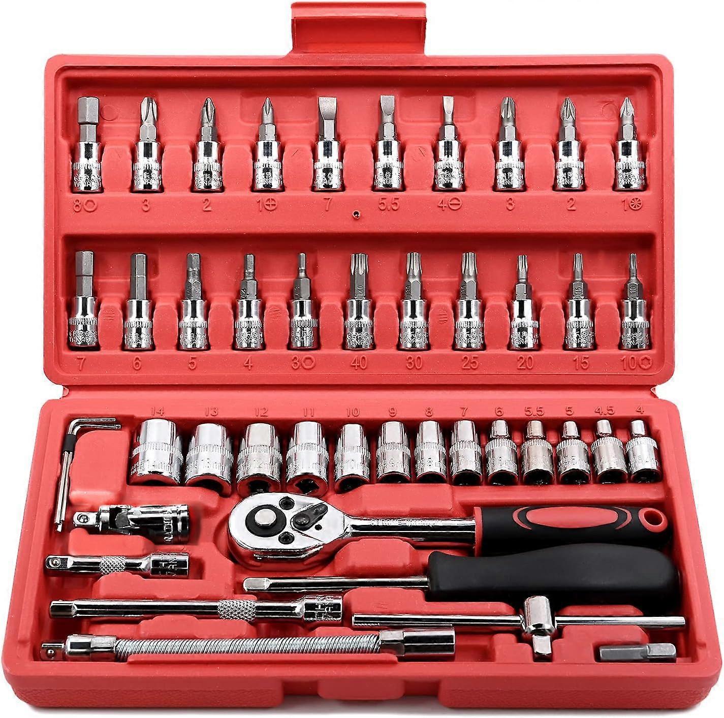 46 Piece 1/4 Inch Drive Socket Wrench Set, Chrome Vanadium Ratchet Kit with Metric Bits and Case