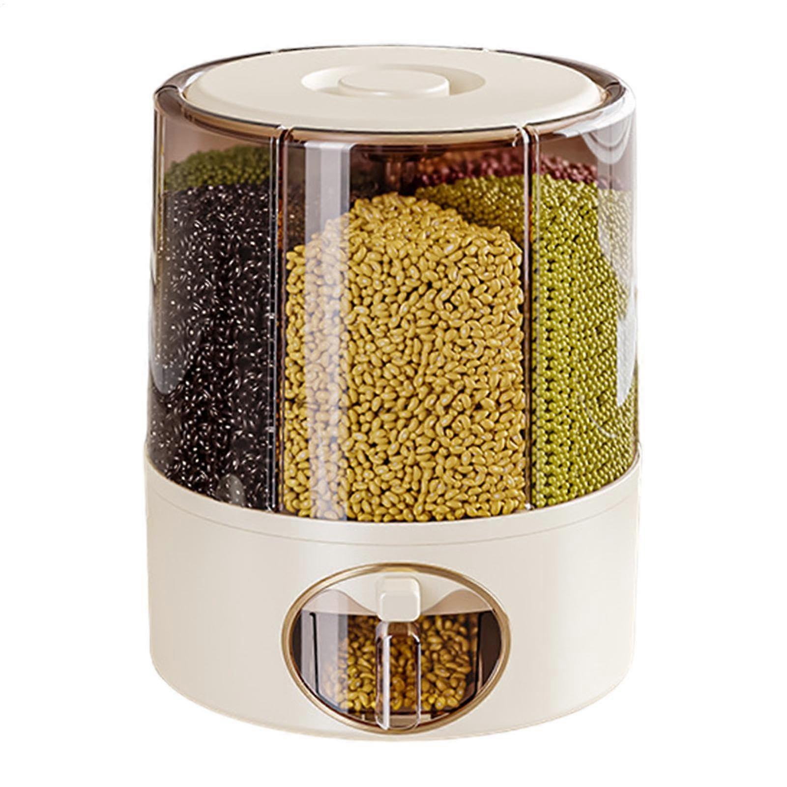 Rotating Rice Dispenser with Six Compartments, Large Capacity Kitchen Storage Bin, Cream Yellow