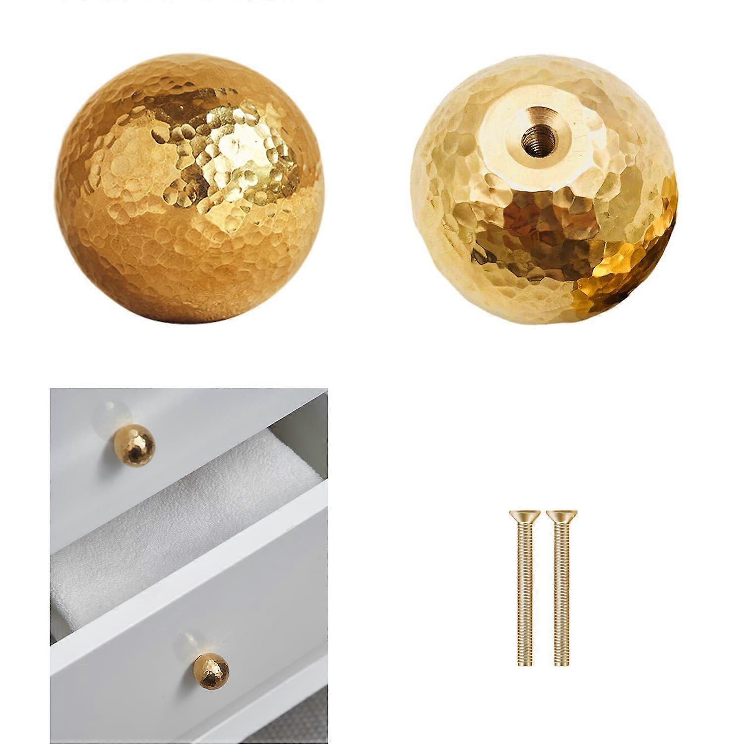 2PCS Brass Cabinet Knobs, Round Hammered Gold Finish, Solid Brass 1 Inch Drawer Pulls