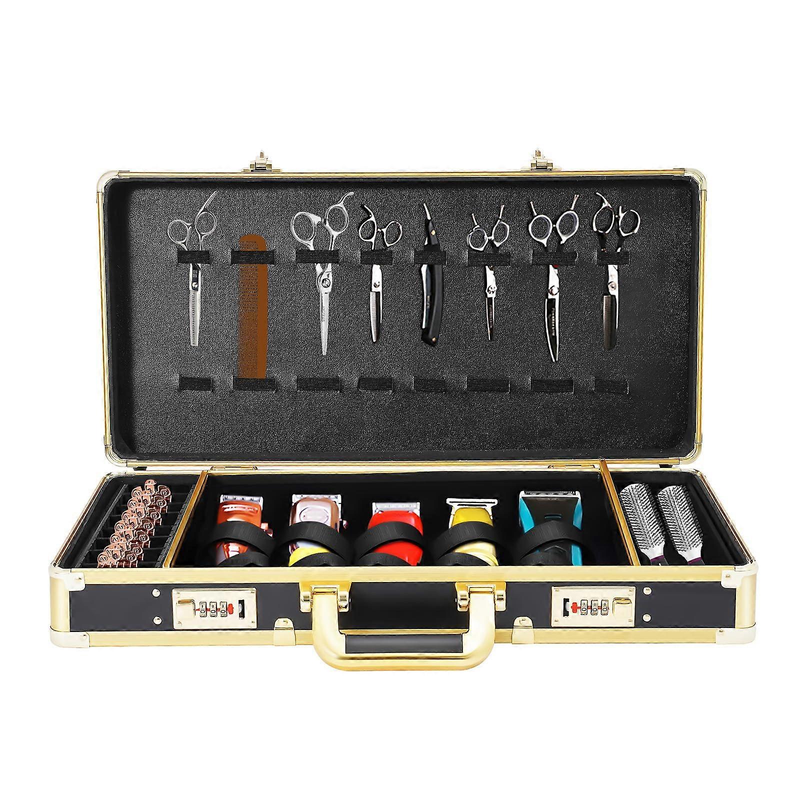 Barber Tool Case with Secure Code Lock, Durable Aluminum Organizer for Clippers and Scissors Black Gold