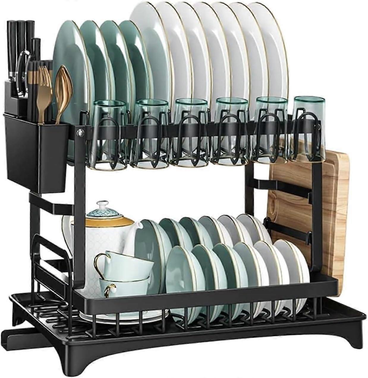 Black Double Layer Dish Drying Rack with Utensil and Chopstick Holder for Small Kitchen Counter