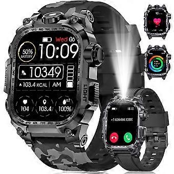 Militär-Smartwatch für Herren mit 2,01-Zoll-HD-Bildschirm, Anruffunktion, Herzfrequenzmesser und LED-Taschenlampe
