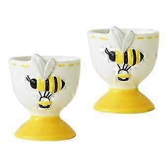 Ceramic Egg Cups with Bees Embossed Pattern, Spring Egg Holder Tray for Breakfast Table Decor