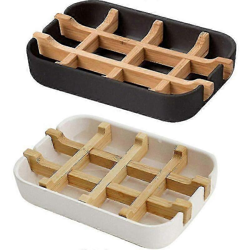 Tvålkopp i bambu med droppbricka för badrum, 2-pack