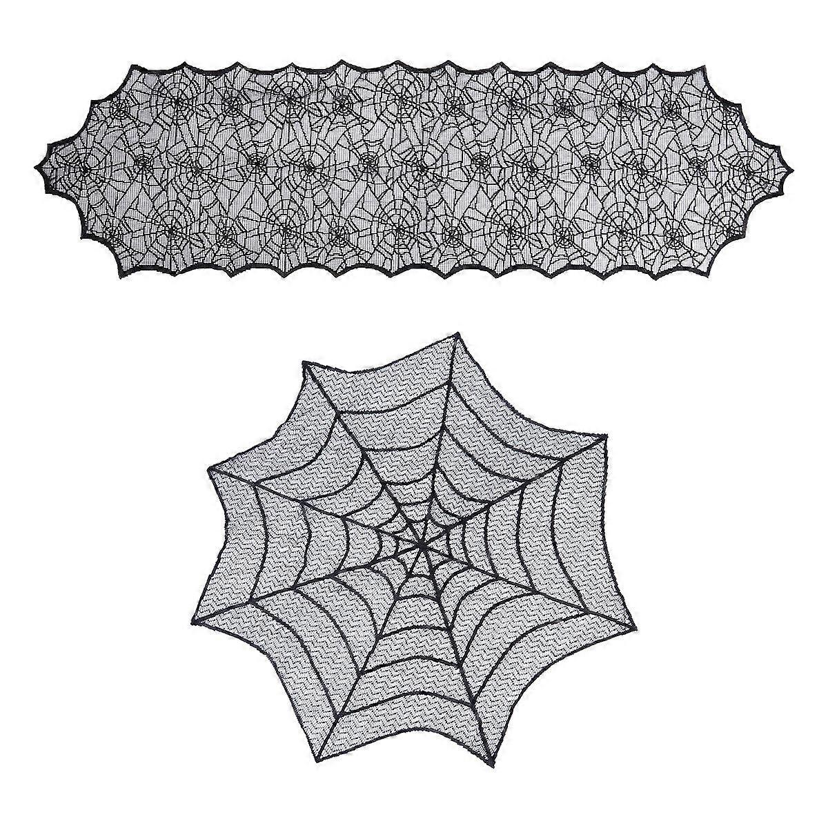 Halloween Spider Web Tablecloth for Decor 6Pcs Black Polyester Set