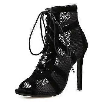 Women's High Top Dance Shoes Black Ballroom Boots Salsa Tango Shoes Girl Fashion Party Mesh Cutout High Heel Sandals Summer 2022