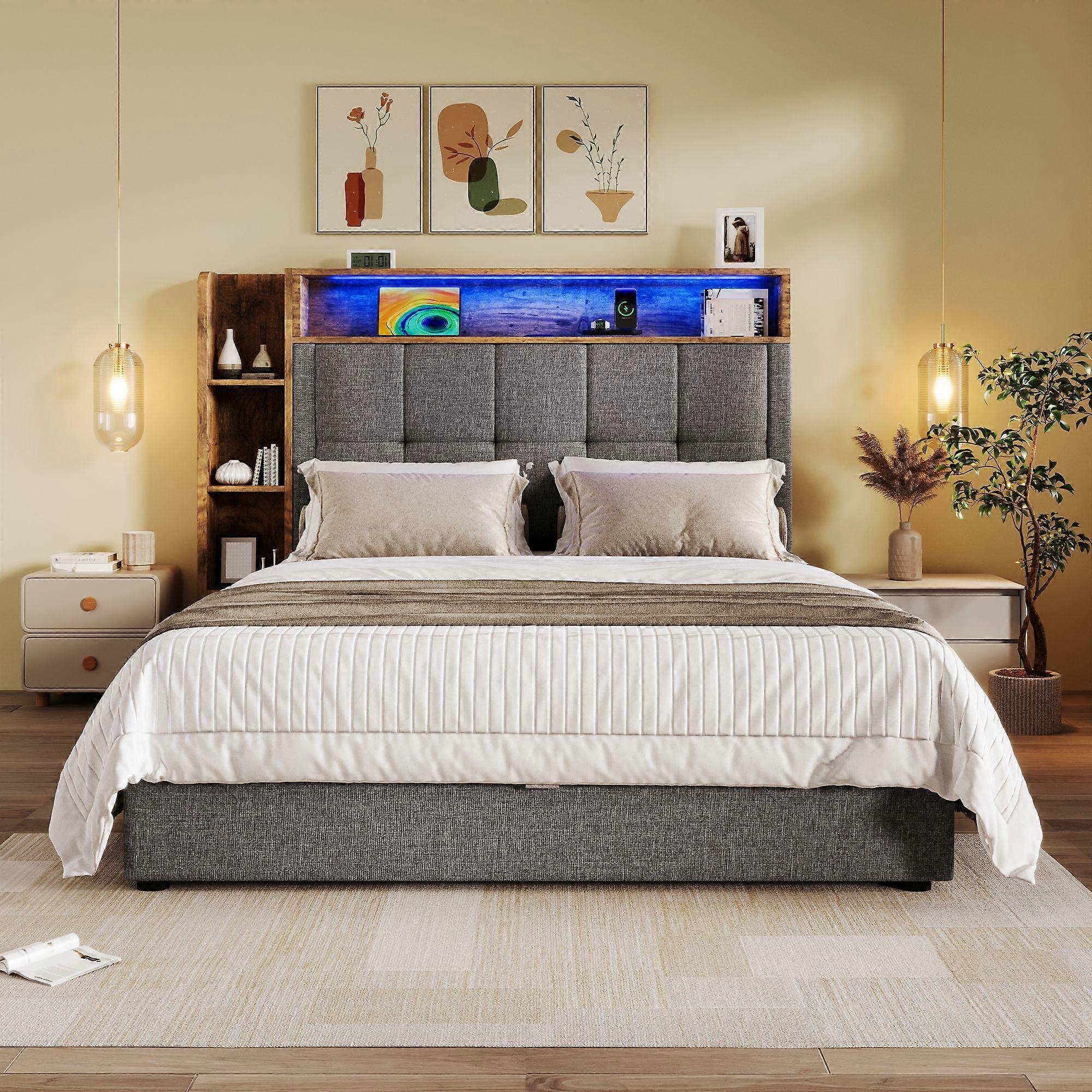 Upholstered bed, 90x200 cm, with USB Type-C charging function, without mattress, multifunctional storage, LED lighting, push button/app control, linen