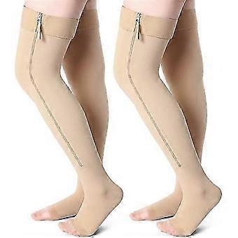 2 Pairs Open Toe Thigh High Zipper Compression Socks 20-30 Mmhg Zipper Compression Stockings Thigh High for Ladies Men
