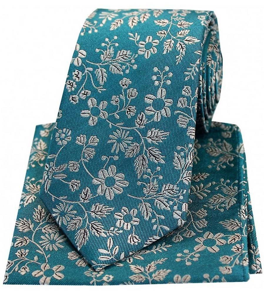 David Van Hagen Flowers Silk Tie and Hanky Set - Green/White