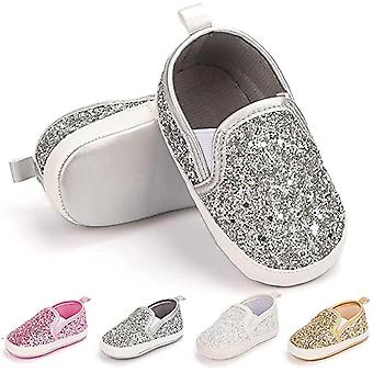 Veeki Baby Girls Boys Canvas Shoes Soft Sole Toddler Slip On Newborn Crib Moccasins Casual Sneaker Boy's Flat Lazy Loafers Shoe----Silver13cm