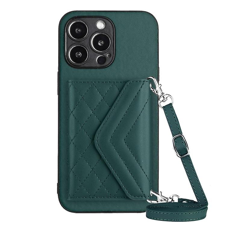 For iPhone 15 Plus Rhombic Texture Card Bag RFID Phone Case with Long Lanyard