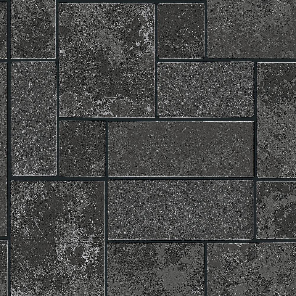 Black Glitter Brick Slate Stone Wallpaper Tile Kitchen Bathroom Textured Vinyl