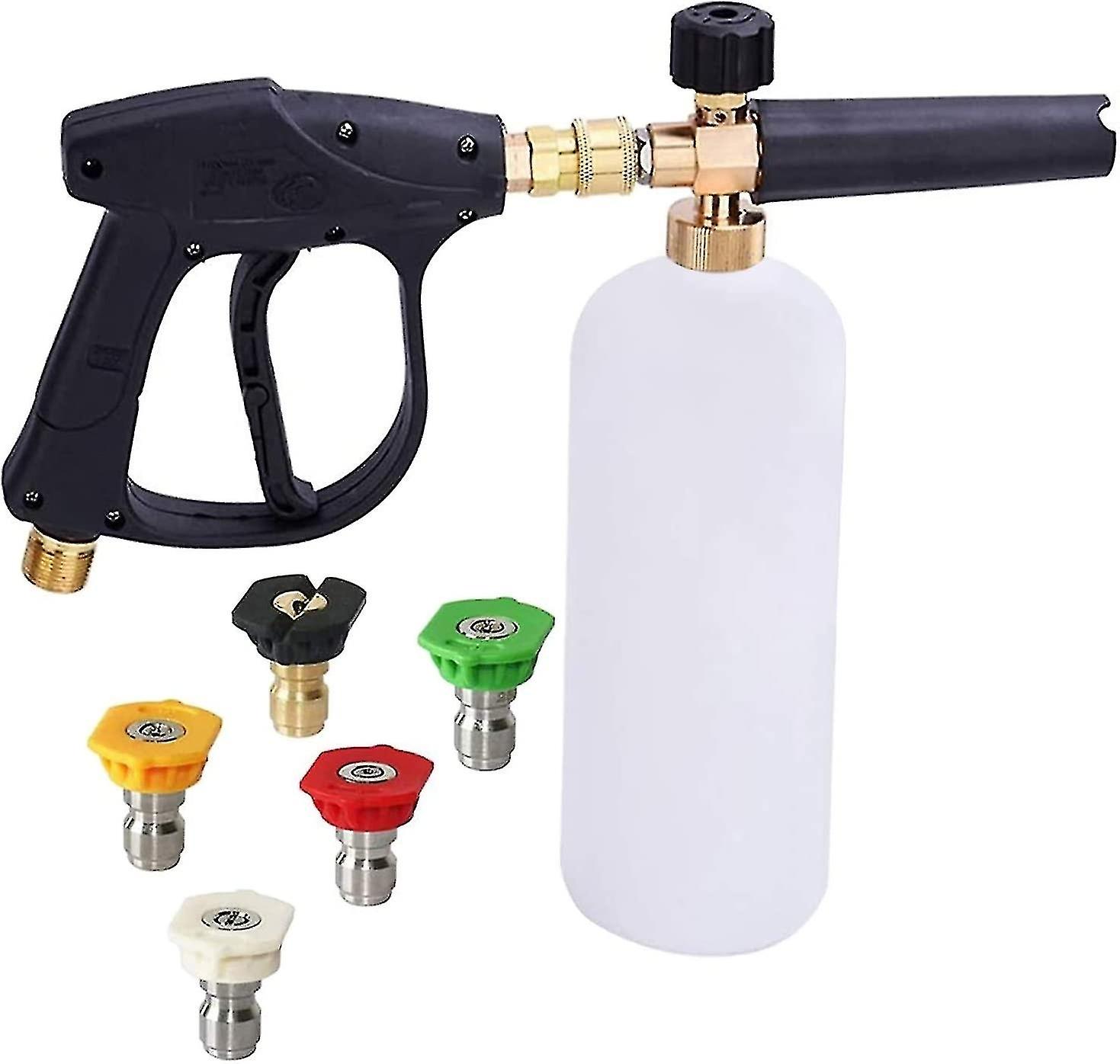 High Pressure Foam Gun, 1 Liter Adjustable 1/4" Rapid Snow Foam Gun Soap Dispenser Bottle with 5 Noz