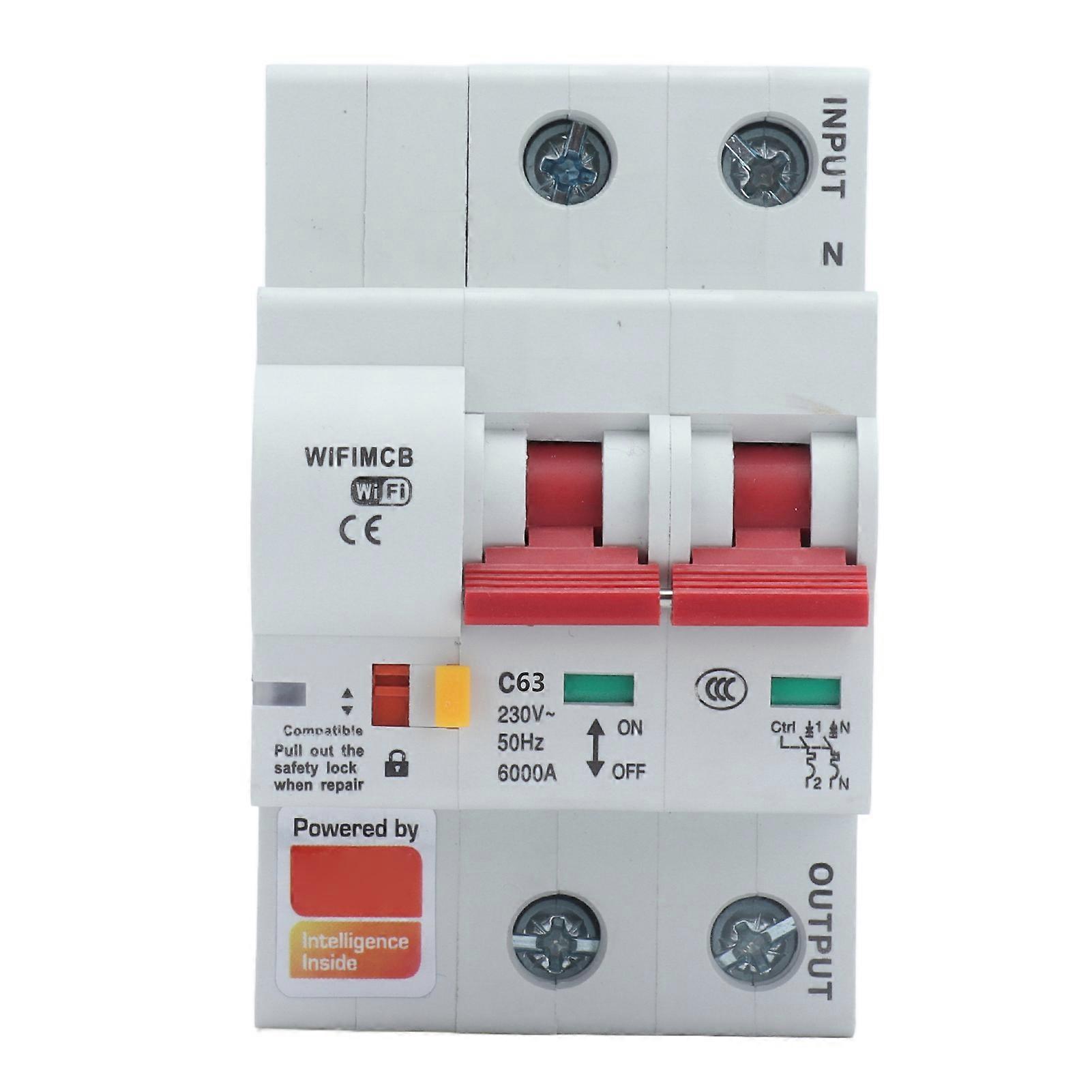 Smart Circuit Breaker 2P WiFi Bluetooth App Remote Control Switch Overcurrent Protection AC220V63A