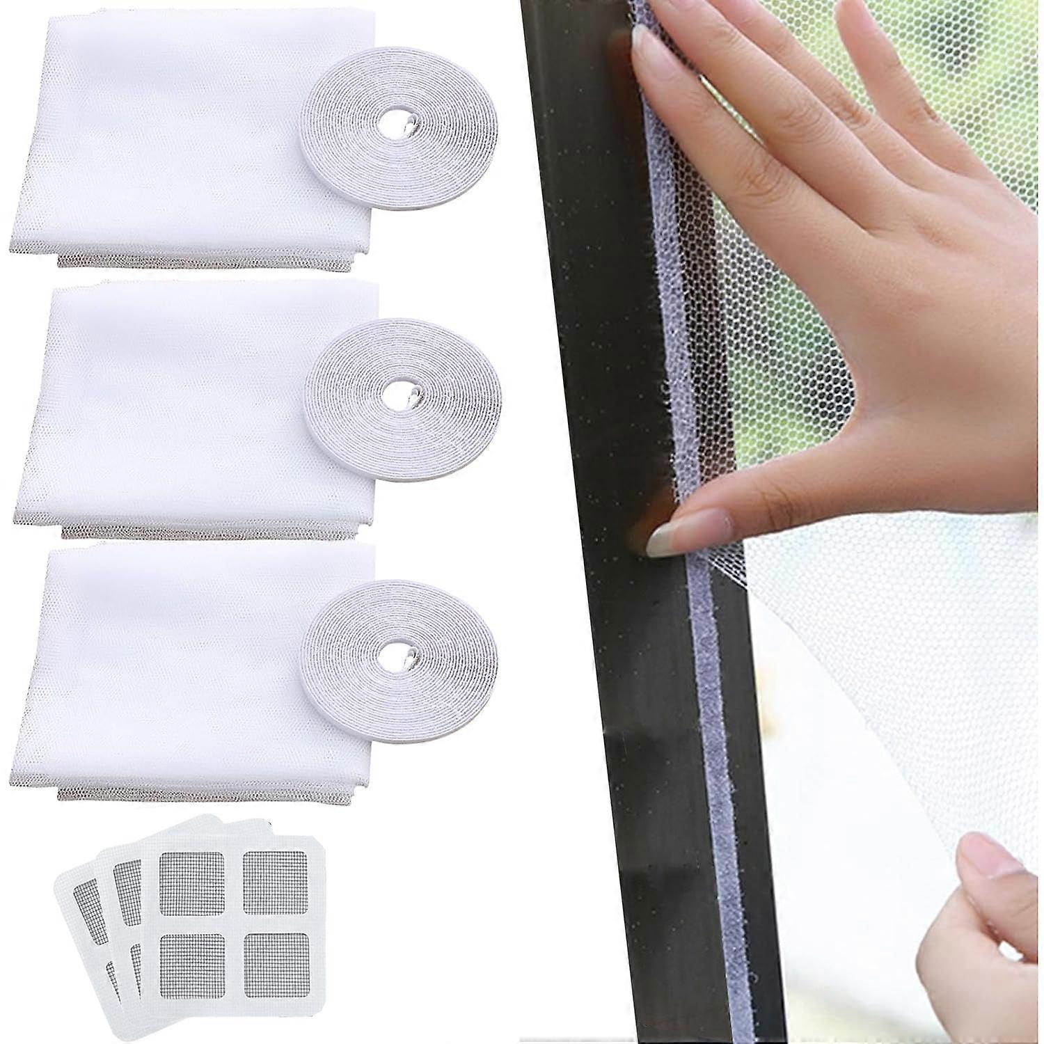 3-Pack Window Mosquito Net, 130 X 150 Cm Window Mosquito Net, Mosquito Net Net, Adhesive Window Mosquito Net With Tape, Repair Stickers (White)