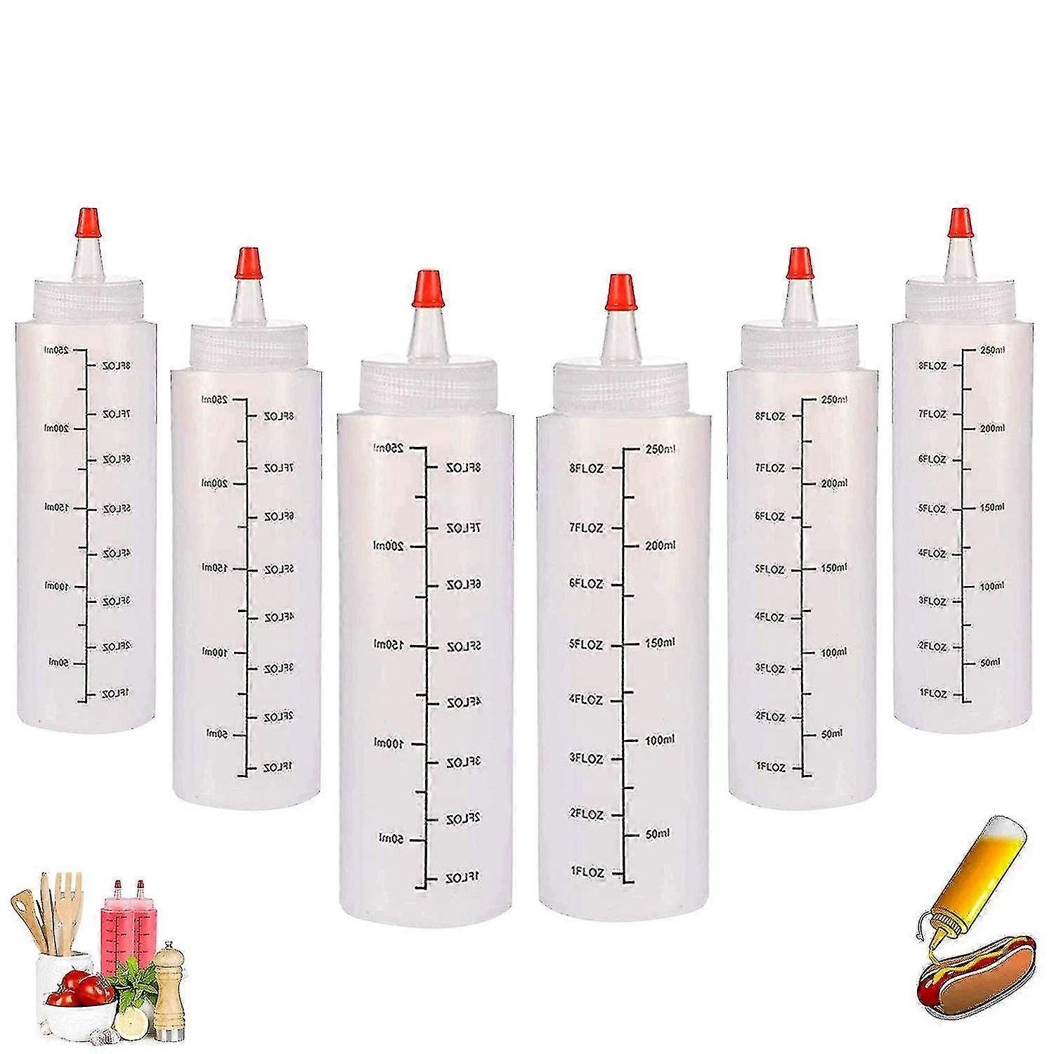 Plastic Squeeze Bottles,6 X 250 Ml Condiment Squeeze Bottles, Liquid Bottles With Leak-proof Tip Cap And Measurements