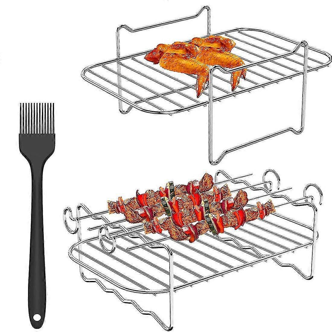 2pcs Air Fryer Rack For Ninja Dual Air Fryer,with Barbecue Sticks For Double Basket Air Fryers Oven