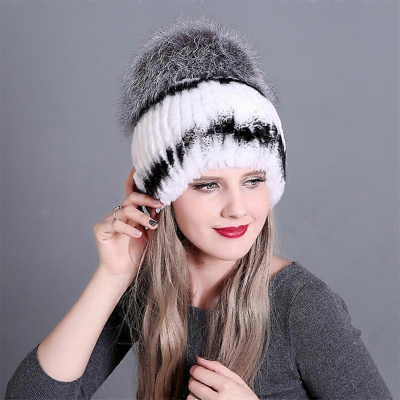 URSFUR Women's Knit Beanie Hat With Rex Rabbit Fur & Fox Fur Pom Pom - One Size Fits All - View #4
