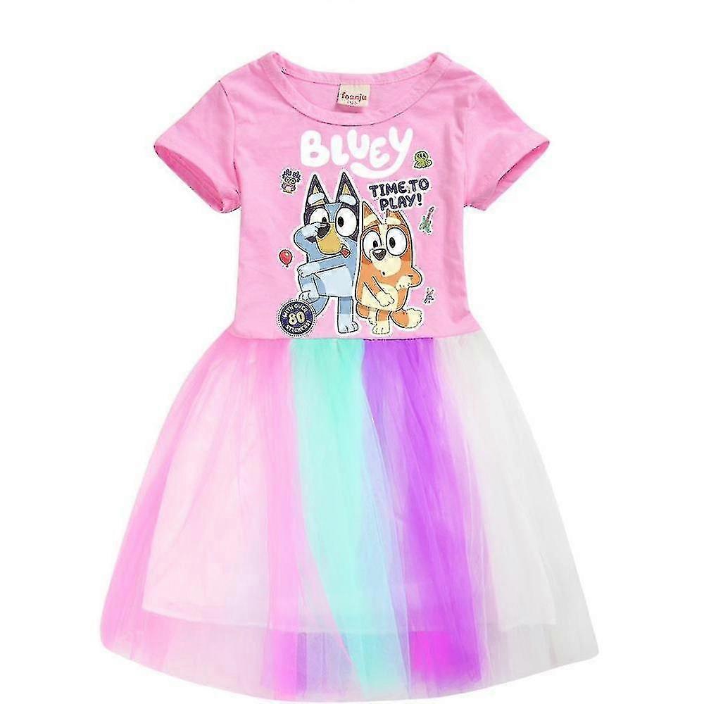 3-12 Yıl Çocuklar Kızlar Bluey Baskılı Elbise Yaz Rahat Tatil Prenses Partisi Gökkuşağı Etek Tutu Elbise Hediyeler WHByv