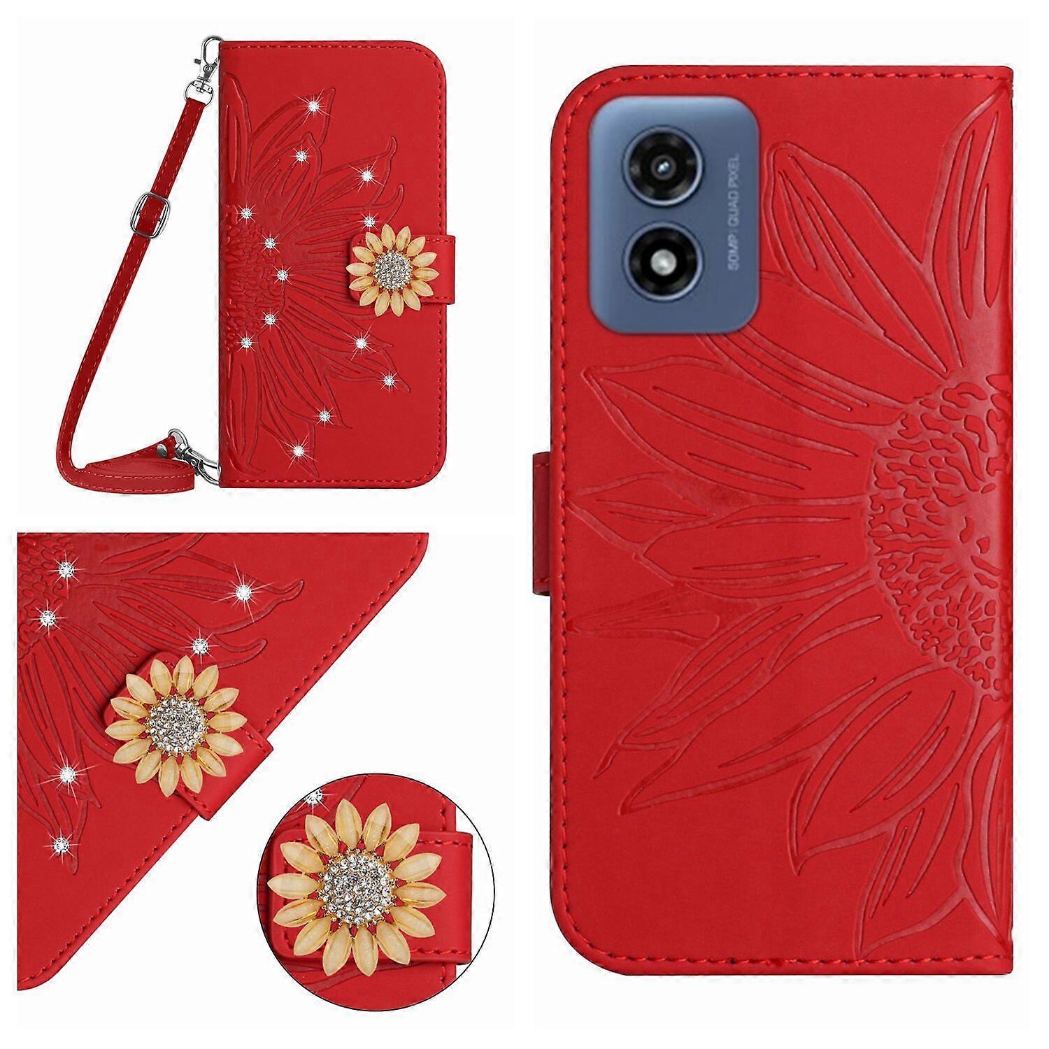 Compatível com Motorola G Play 5G 2024 Girassol em relevo com diamantes Porta Cartão Magnético Carteira Case Telefone com Alça de Ombro