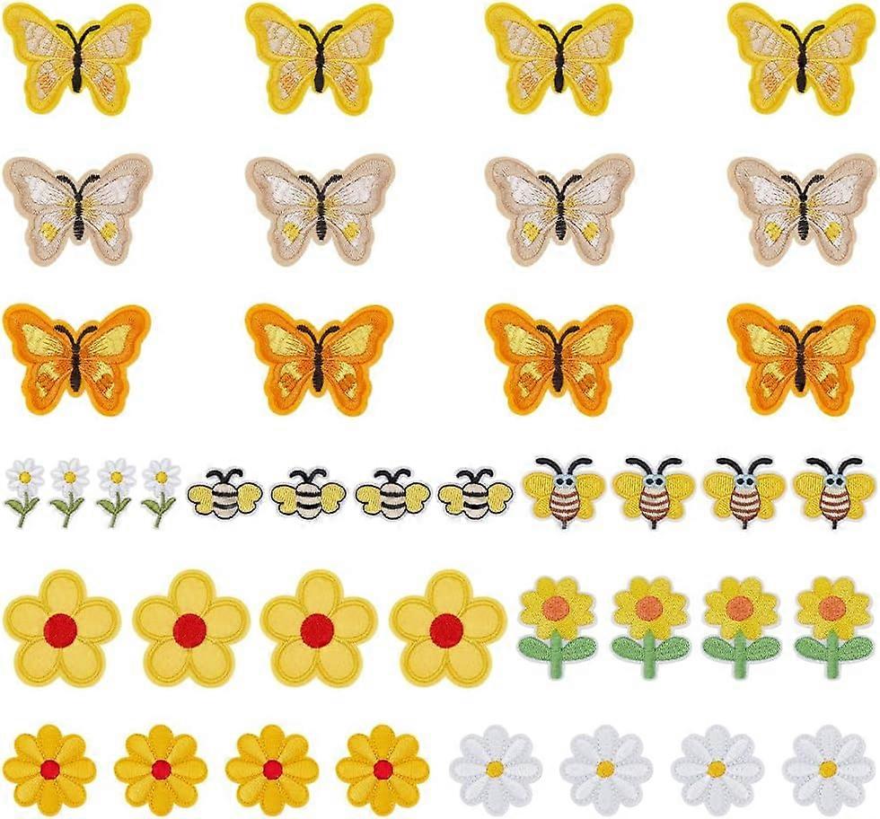 DIY 40pcs 10 Styles Iron On Patches Sew on Patches Set Daisy Sewing Applique Patches Flower Bee Butterfly Fabric Patch Embroidered Appliques for Backp