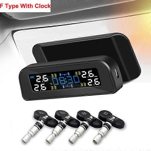 Universal TPMS Wireless Tire Pressure Monitoring System Solar Power Clock LCD Display 4 External Sensor Tire Pressure Sensors